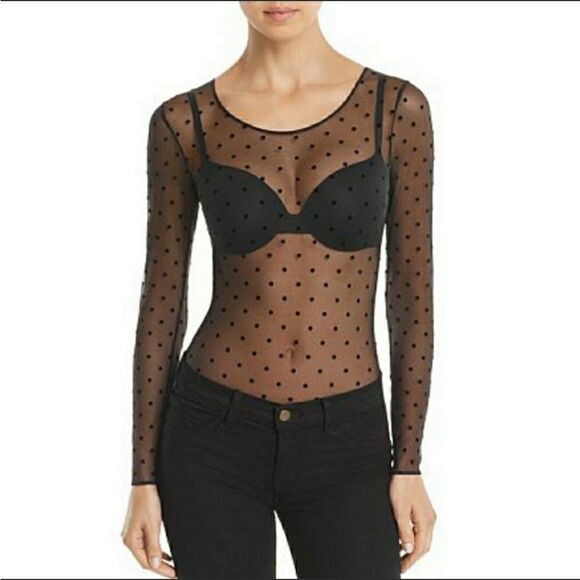 SPANX | Black Sheer Dot Print Long Sleeve Cheeky Bodysuit Women’s Size Small - Picture 1 of 9